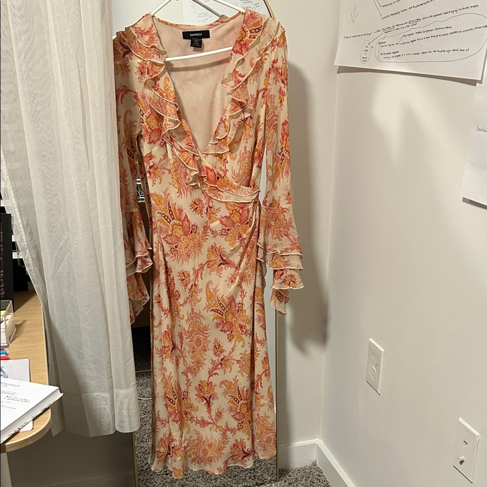 EXPRESS Floral Ruffle Wrap Dress Gilmore Girls Y2K Fall Silk Dress Size 9/10